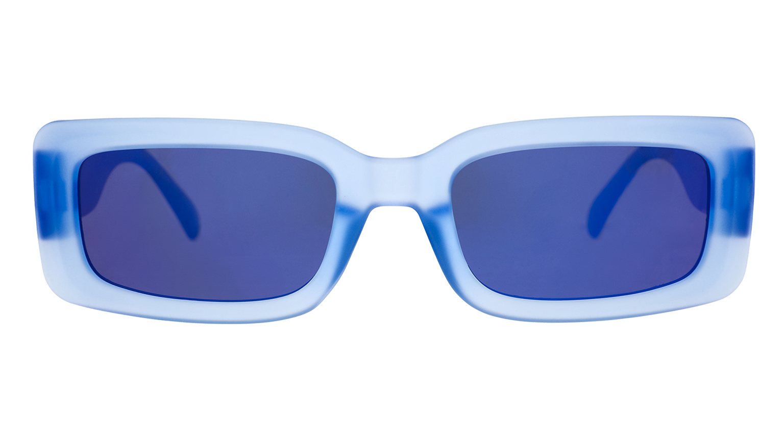 Rectangular sunglasses with translucent blue gradient frame and dark blue lenses, front view