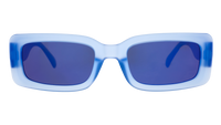 Rectangular sunglasses with translucent blue gradient frame and dark blue lenses, front view
