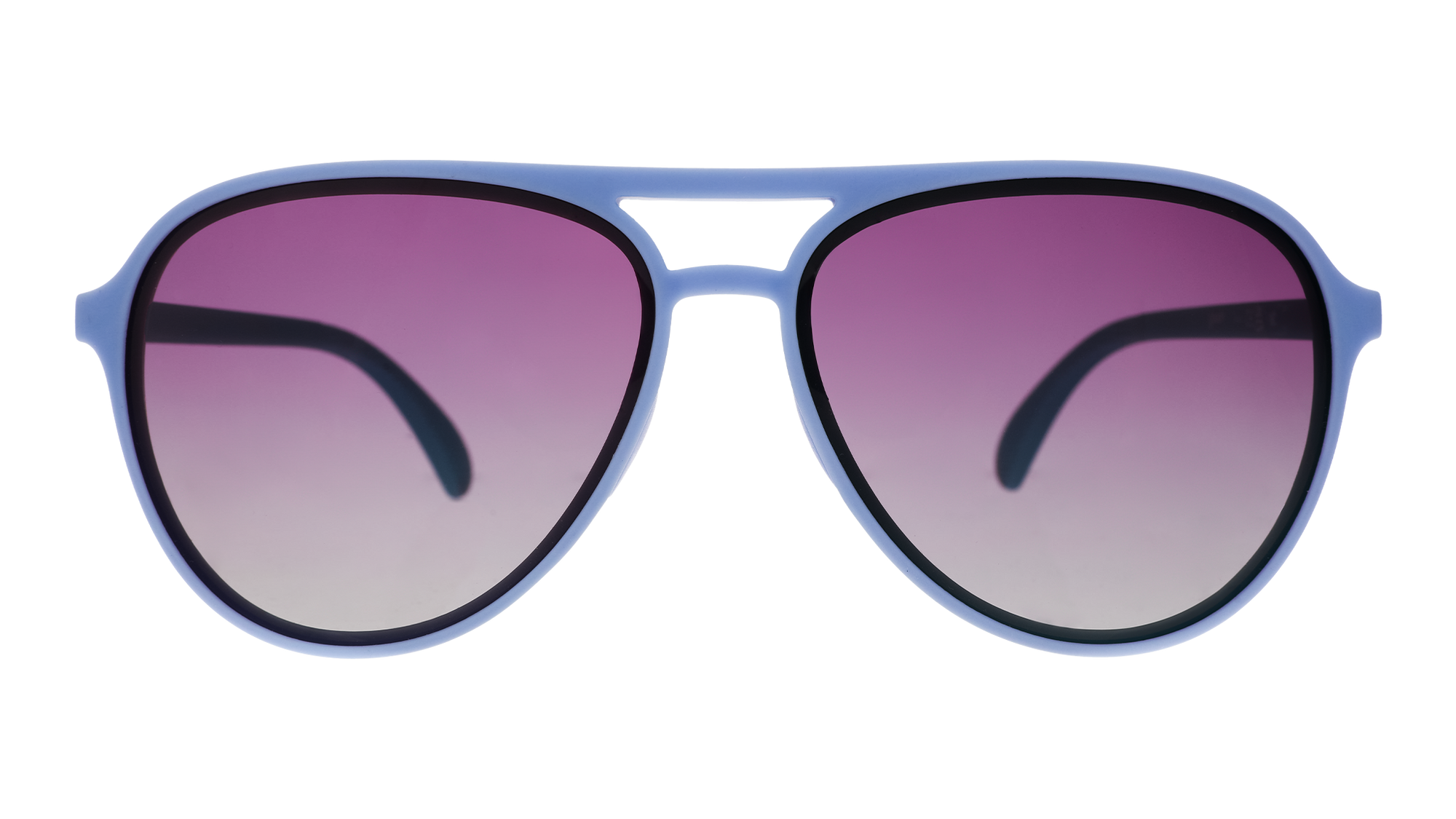 Aviator-style sunglasses with light blue frame and purple gradient lenses, front view