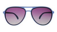 Aviator-style sunglasses with light blue frame and purple gradient lenses, front view