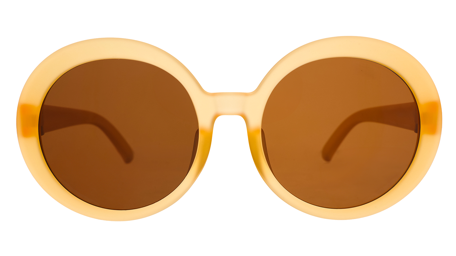Round translucent orange sunglasses with brown tinted lenses on white background