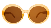 Round translucent orange sunglasses with brown tinted lenses on white background