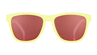 Yellow-framed sunglasses with pink-tinted lenses shown in front view against white background