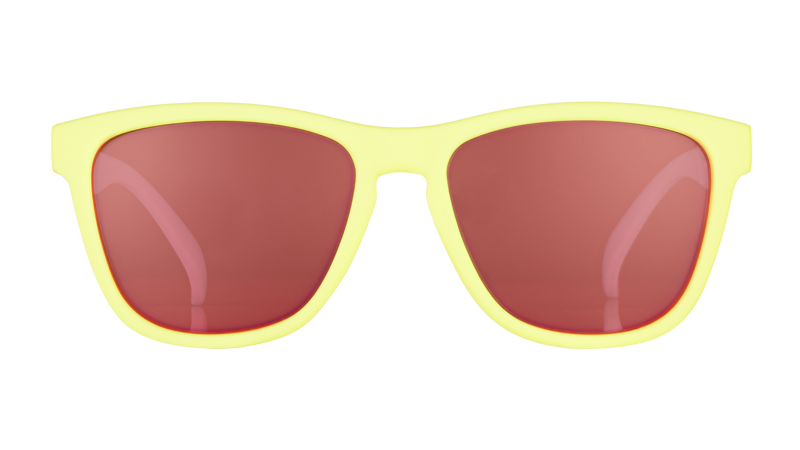 Yellow-framed sunglasses with pink-tinted lenses shown in front view against white background