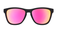 Black framed sunglasses with pink mirrored lenses on transparent background