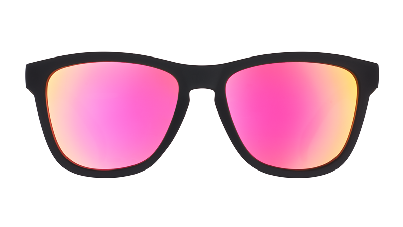 Black framed sunglasses with pink mirrored lenses on transparent background