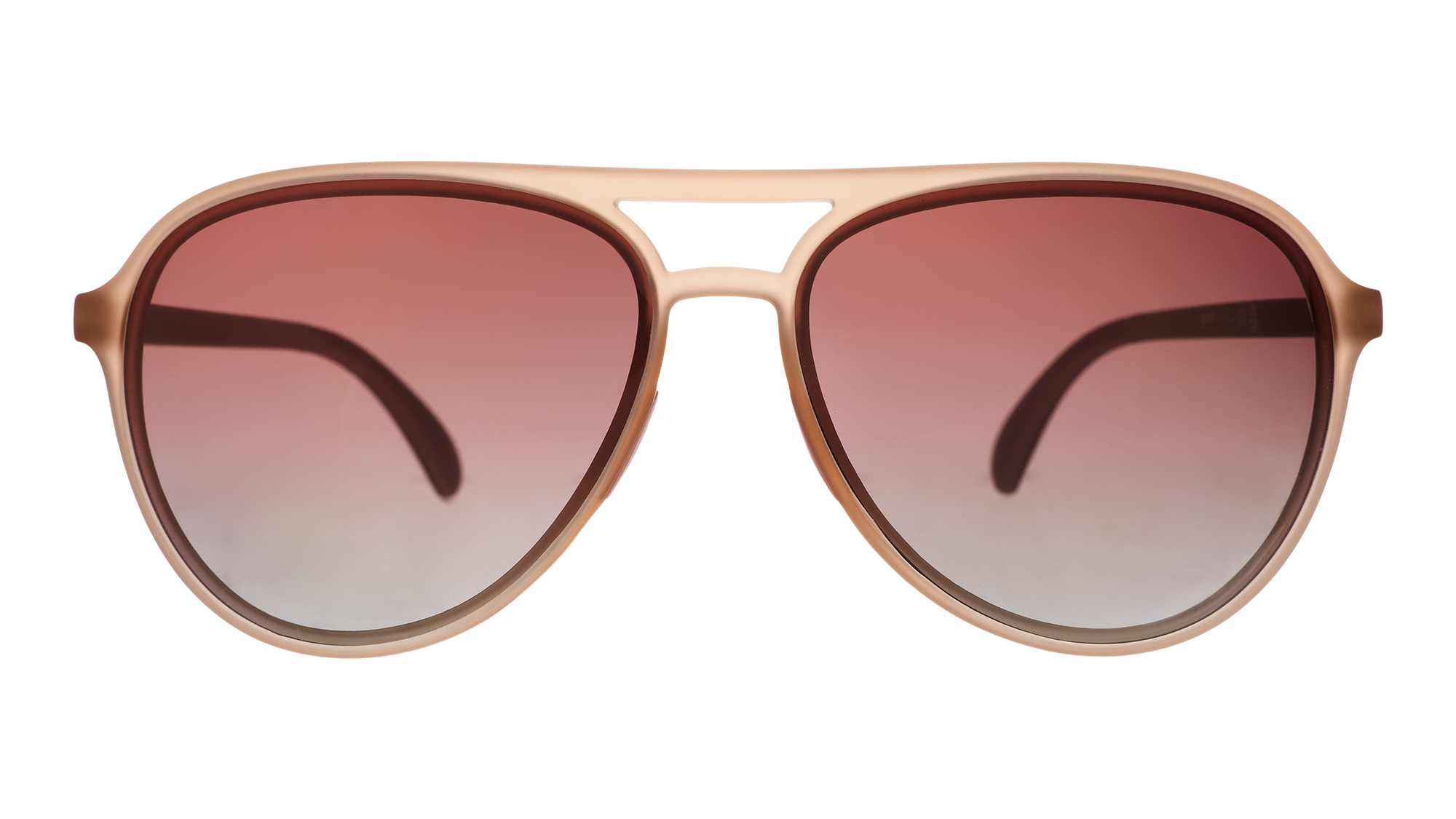 Aviator-style sunglasses with light pink frame and gradient brown lenses, front view
