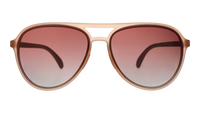Aviator-style sunglasses with light pink frame and gradient brown lenses, front view
