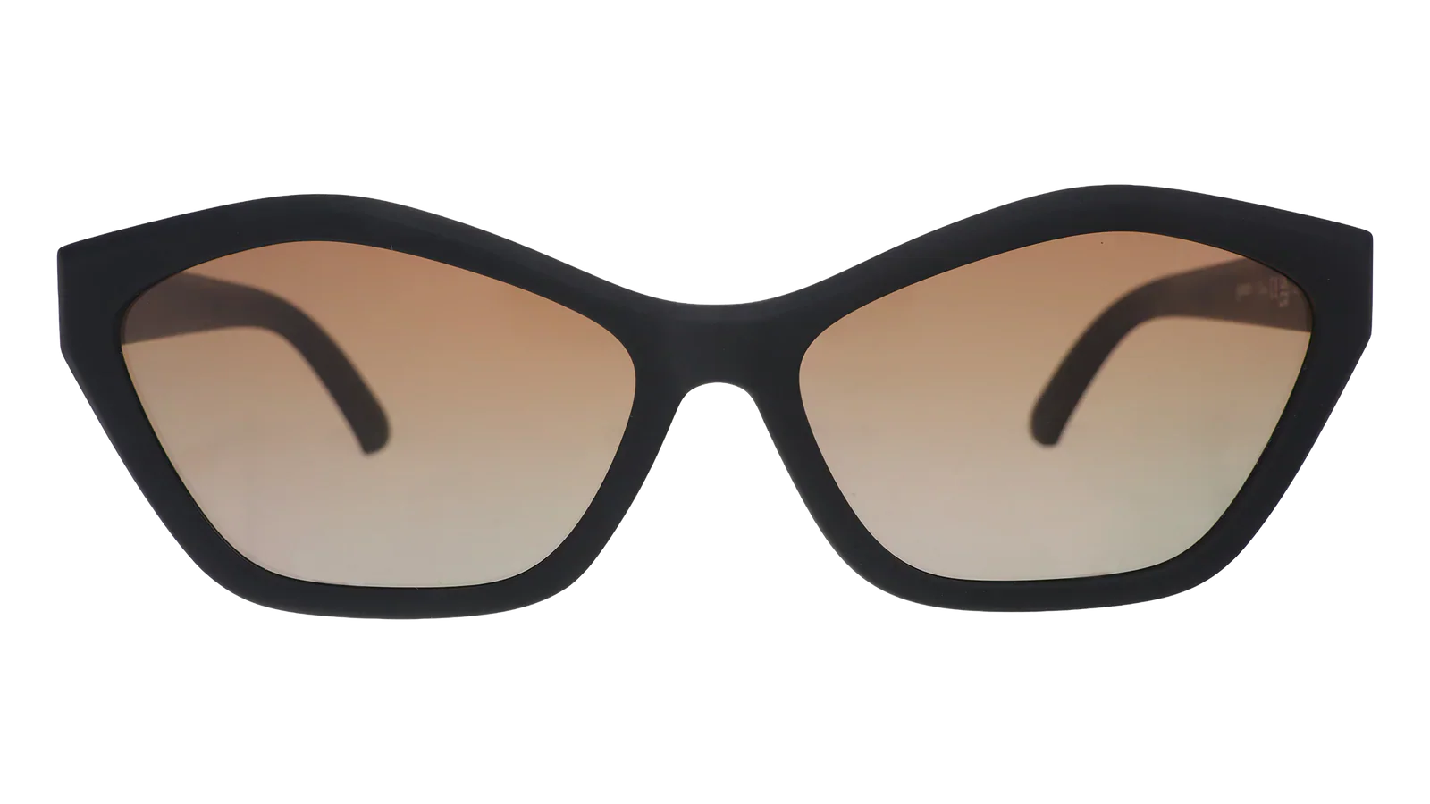 Black cat-eye sunglasses with brown gradient lenses on white background