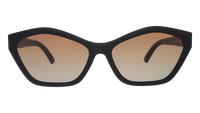 Black cat-eye sunglasses with brown gradient lenses on white background
