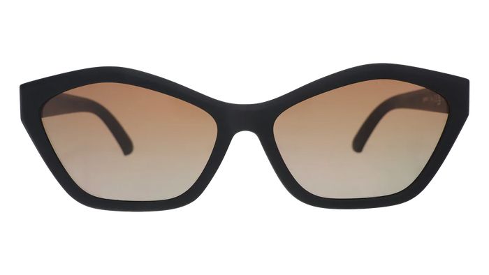 Black cat-eye sunglasses with brown gradient lenses on white background