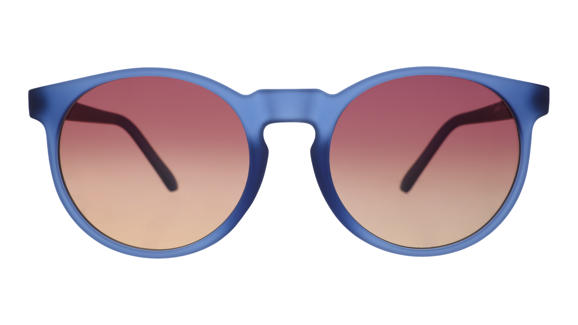 Round blue sunglasses with gradient brown lenses on transparent background