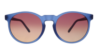 Round blue sunglasses with gradient brown lenses on transparent background