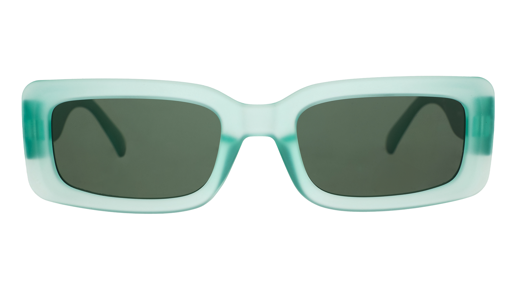 Rectangular sunglasses with translucent mint green frames and dark lenses, front view