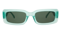 Rectangular sunglasses with translucent mint green frames and dark lenses, front view