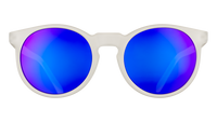 Round sunglasses with white frame and blue-purple mirrored lenses on transparent background