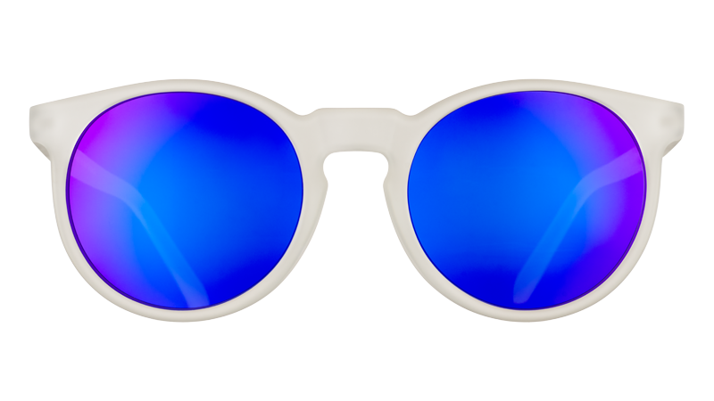 Round sunglasses with white frame and blue-purple mirrored lenses on transparent background