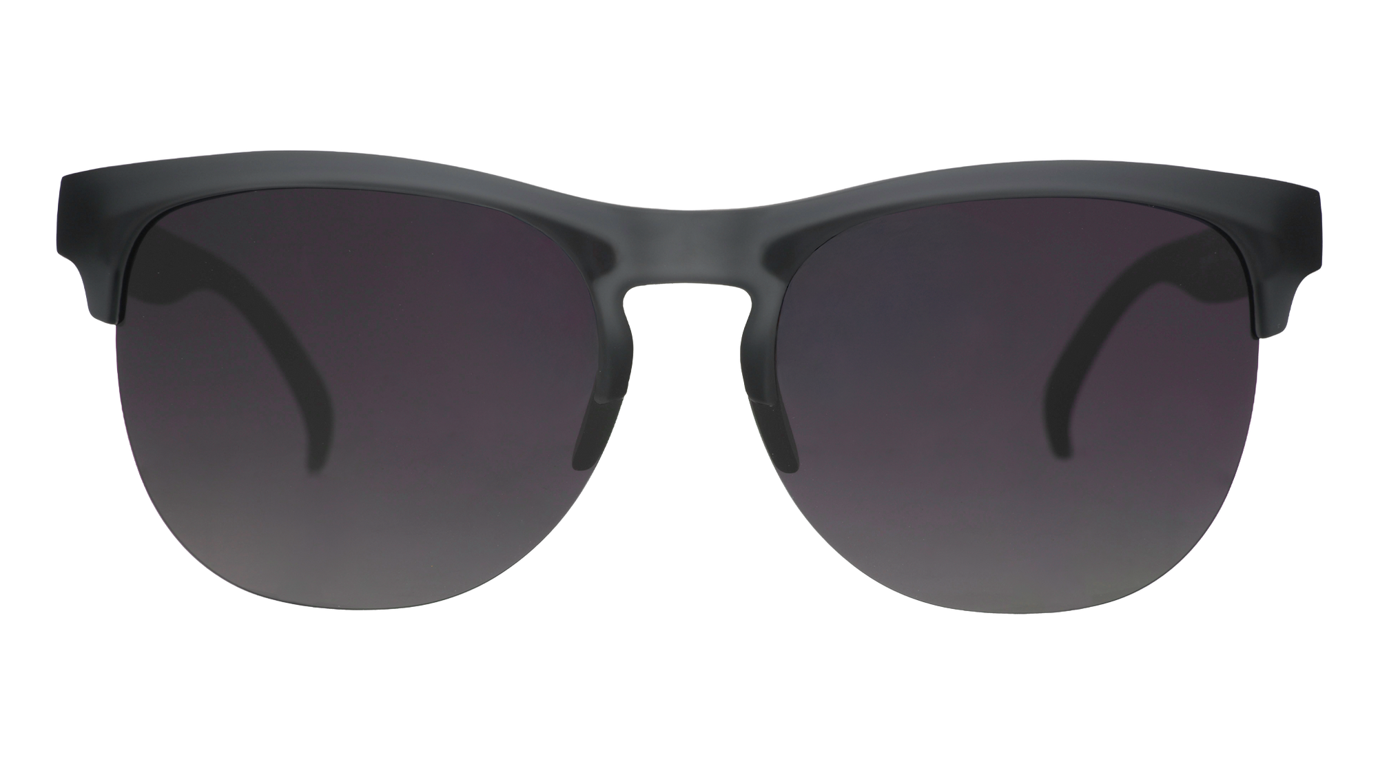 Black semi-rimless sunglasses with dark gradient lenses on white background