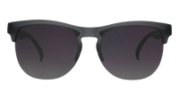 Black semi-rimless sunglasses with dark gradient lenses on white background