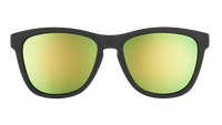 Black framed sunglasses with yellow-green mirrored lenses on transparent background