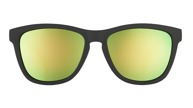 Black framed sunglasses with yellow-green mirrored lenses on transparent background