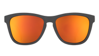 Wayfarer-style sunglasses with dark frame and orange reflective lenses, front view