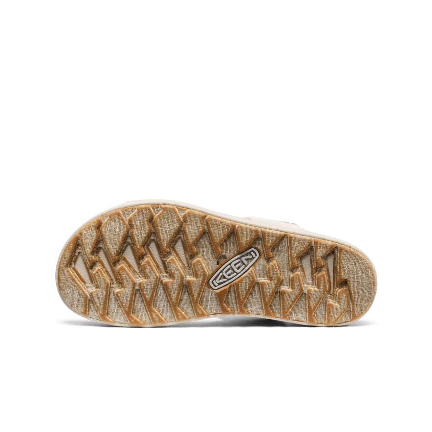 Bottom view of women's backstrap sandal showing textured rubber outsole with geometric tread pattern
