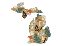State-shaped sticker with nature pattern featuring mushrooms, ferns, butterflies and daisies