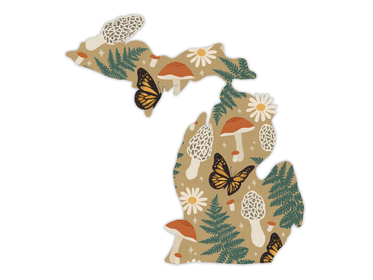 State-shaped sticker with nature pattern featuring mushrooms, ferns, butterflies and daisies