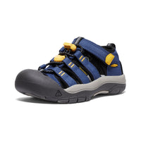 Blue water sandal with black straps, yellow accents, and protective toe cap