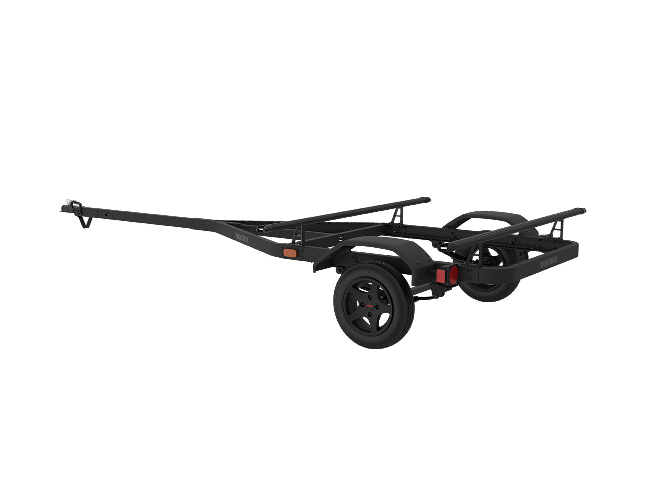 Black kayak trailer with adjustable arms and wheels on clean white background