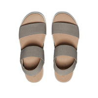 Women's backstrap sandals with elastic straps in gray-green and tan footbed, top view