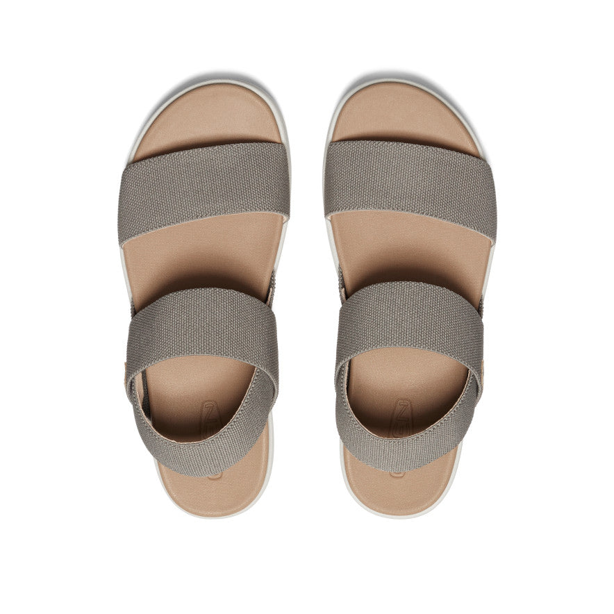Women's backstrap sandals with elastic straps in gray-green and tan footbed, top view