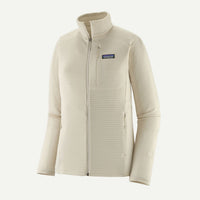 Women's full-zip fleece jacket with stand collar, grid texture, and zippered chest pocket, front view