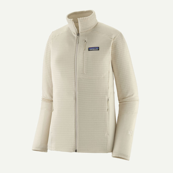 Women's full-zip fleece jacket with stand collar, grid texture, and zippered chest pocket, front view
