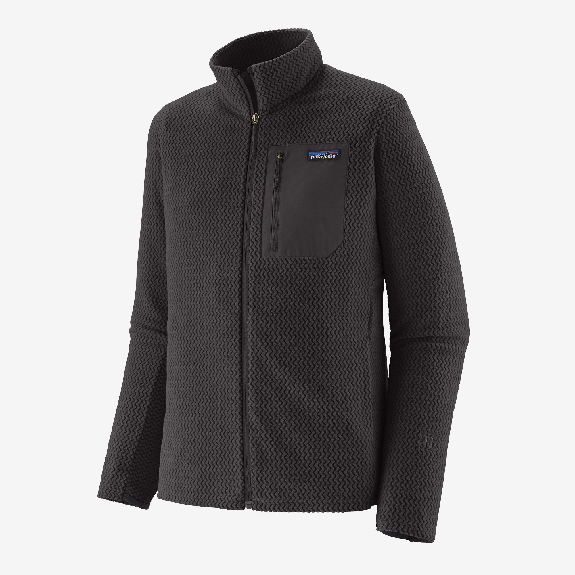 Black textured fleece full-zip jacket with stand collar and chest zip pocket, front angle view