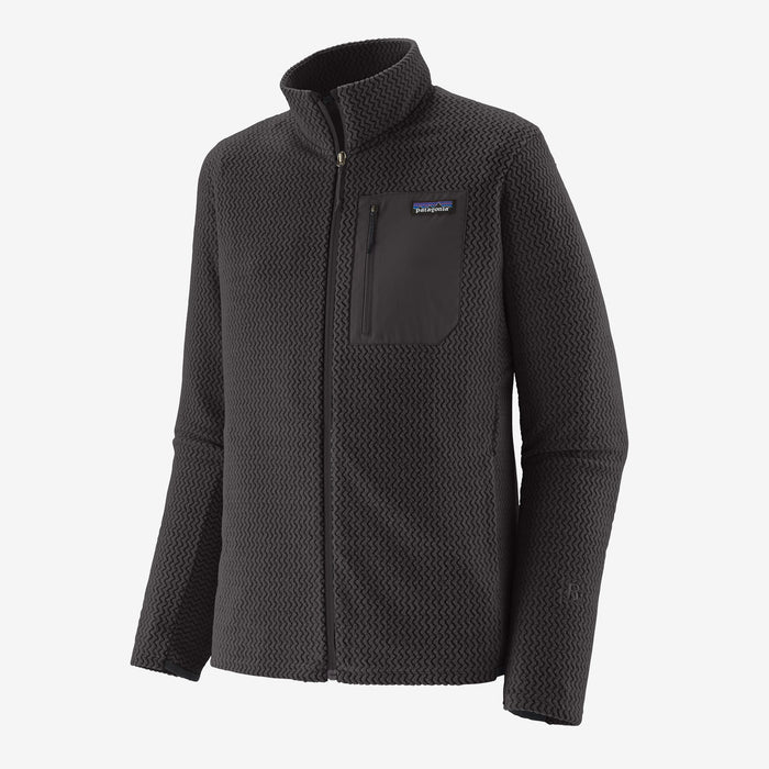 Black textured fleece full-zip jacket with stand collar and chest zip pocket, front angle view