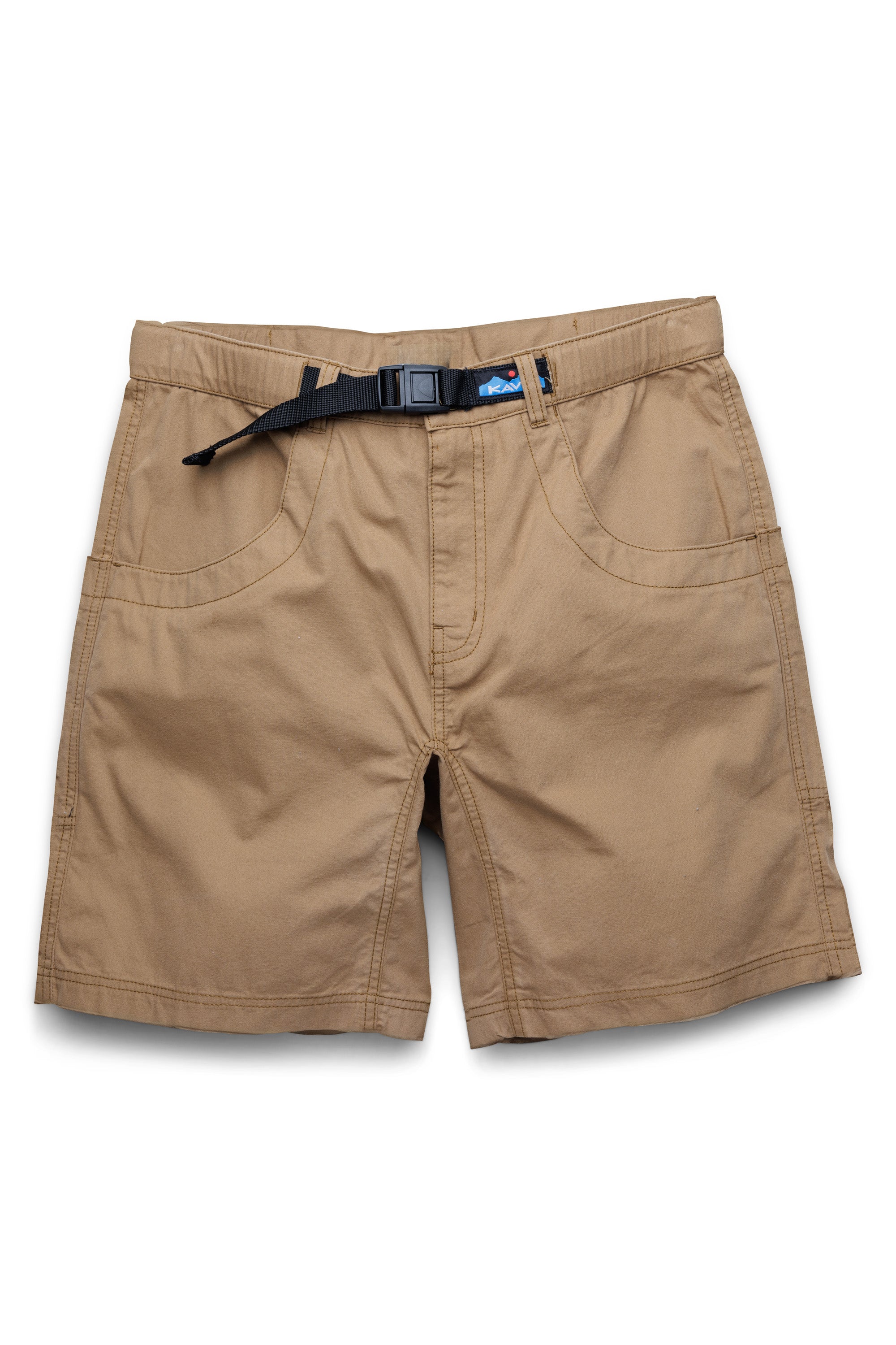 Tan colored men's shorts with belt and front pockets laid flat on white background