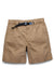 Tan colored men's shorts with belt and front pockets laid flat on white background
