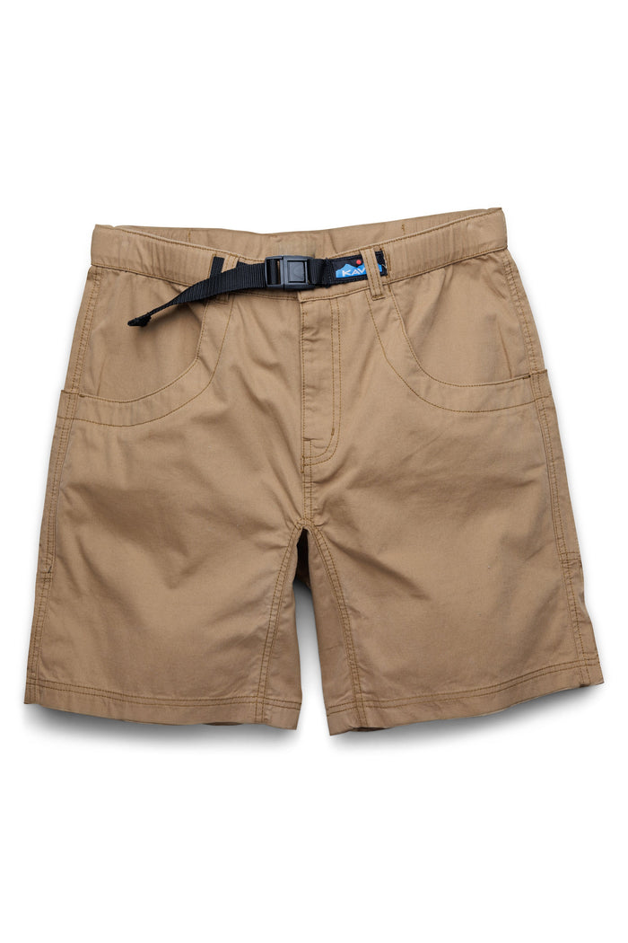 Tan colored men's shorts with belt and front pockets laid flat on white background