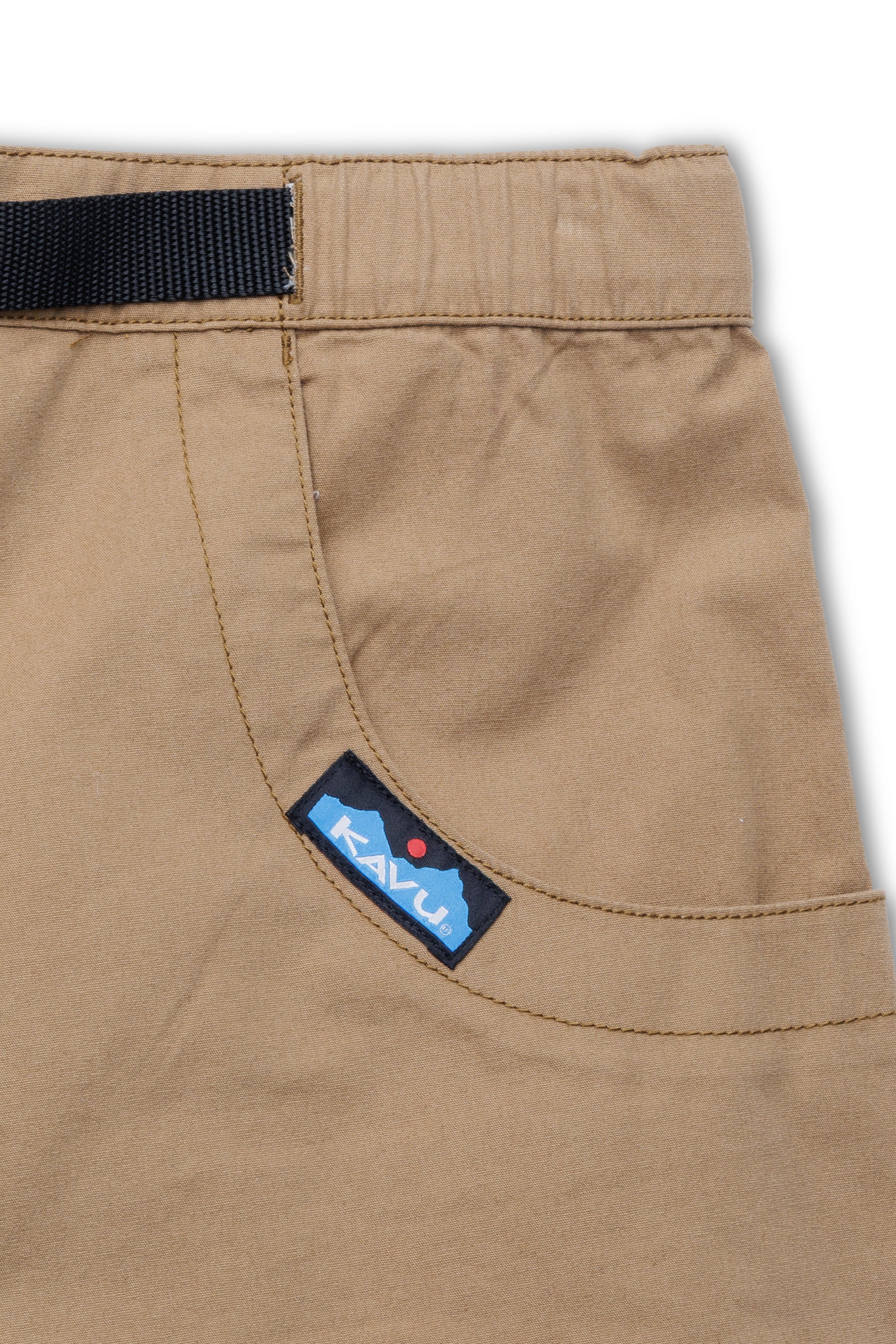 Tan colored men's shorts showing back pocket detail with blue brand label
