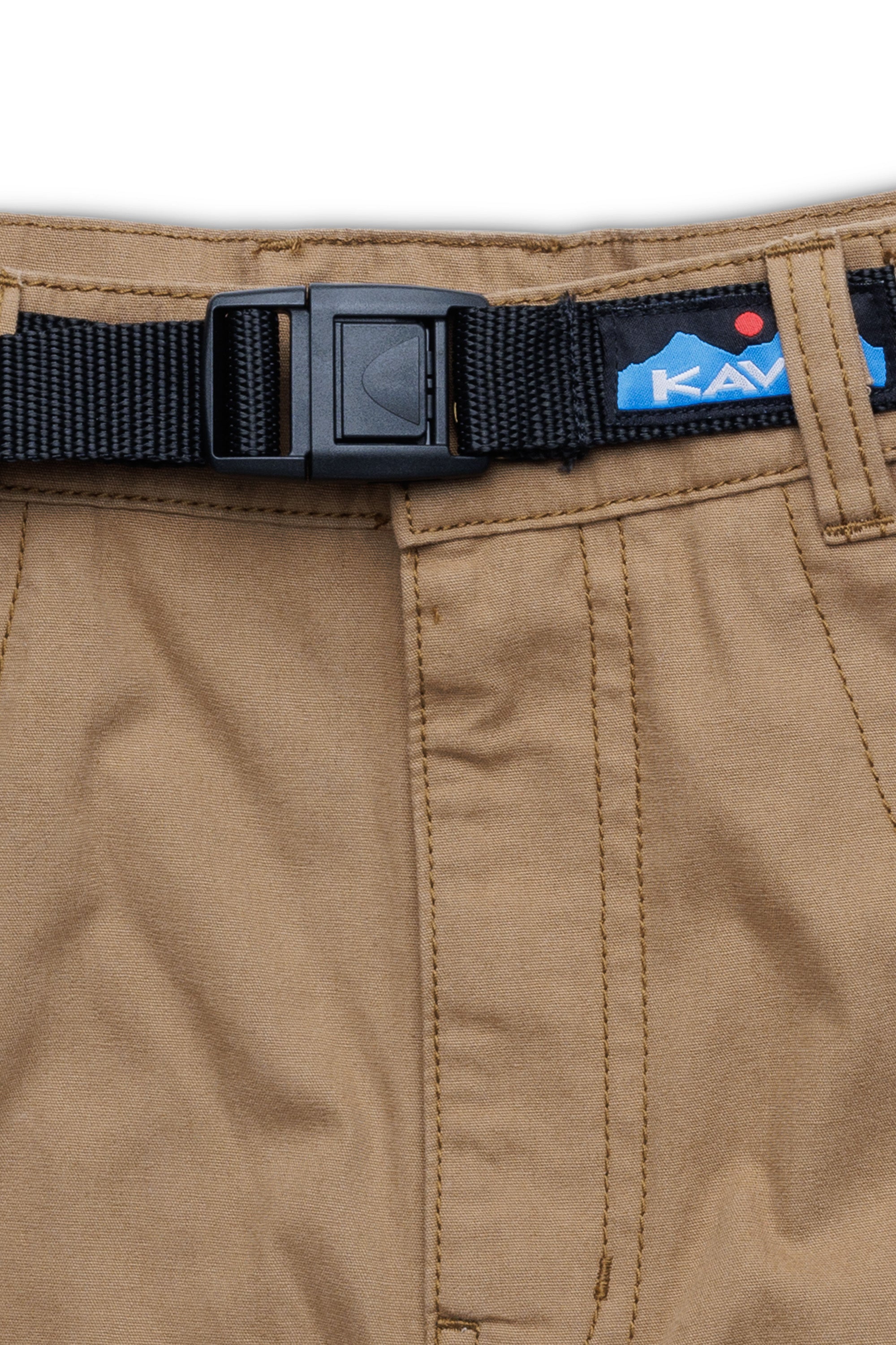 Khaki colored shorts with black webbing belt featuring quick-release buckle, waistband detail view