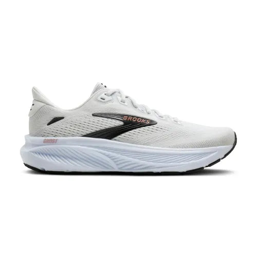 White running shoe with black logo stripe and white midsole, side profile view