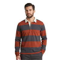 Men's long-sleeve rugby shirt with wide rust and charcoal stripes, cream collar, front view
