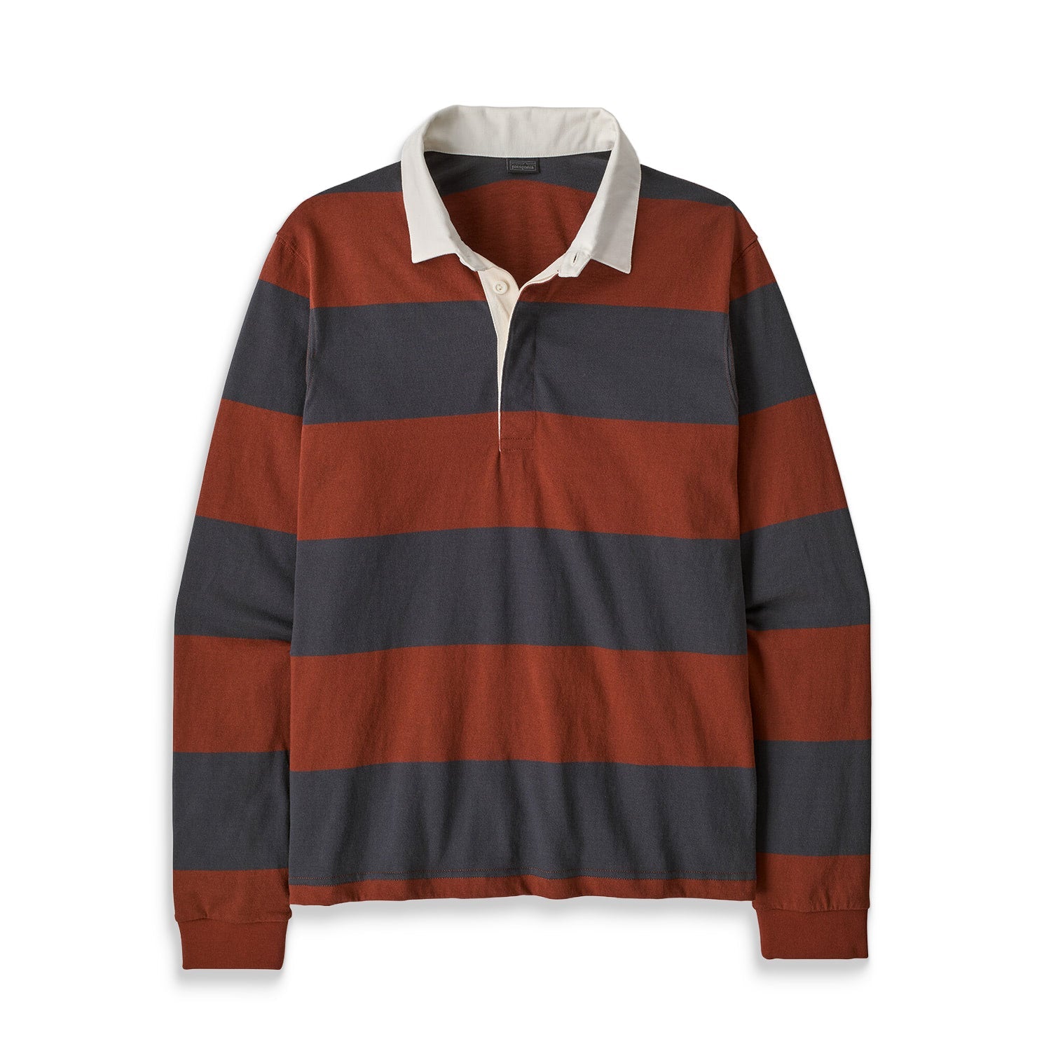 Long-sleeve rugby polo shirt with wide rust and navy stripes and a cream collar, flat lay view