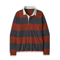 Long-sleeve rugby polo shirt with wide rust and navy stripes and a cream collar, flat lay view
