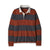 Long-sleeve rugby polo shirt with wide rust and navy stripes and a cream collar, flat lay view