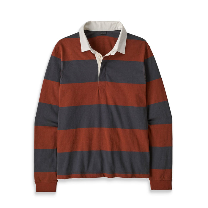 Long-sleeve rugby polo shirt with wide rust and navy stripes and a cream collar, flat lay view