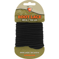Black boot laces wound on cardboard packaging, 48 inch length