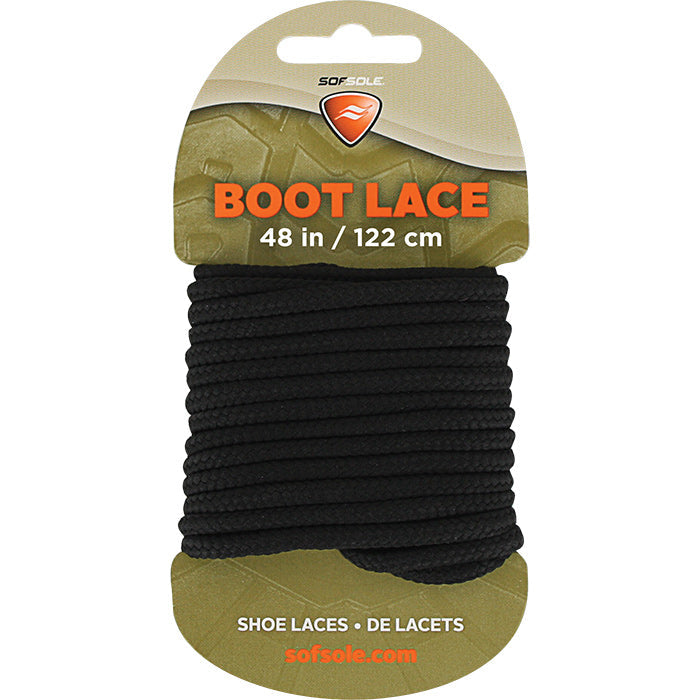 Black boot laces wound on cardboard packaging, 48 inch length
